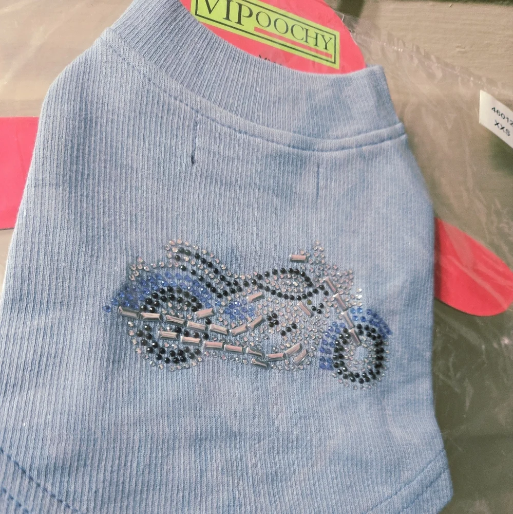 🌴VIPOOCHY Blue Bedazzled Motorcycle Dog Cat Shirt NIP Size: XXS